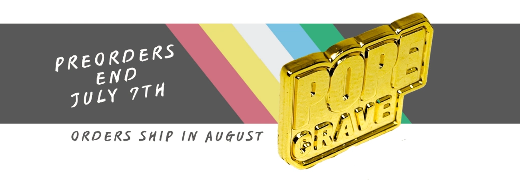 Popecrave golden Metal Pin on a disability pride flag background. It additionally reads Preorders end july 7th and oders ship in august
