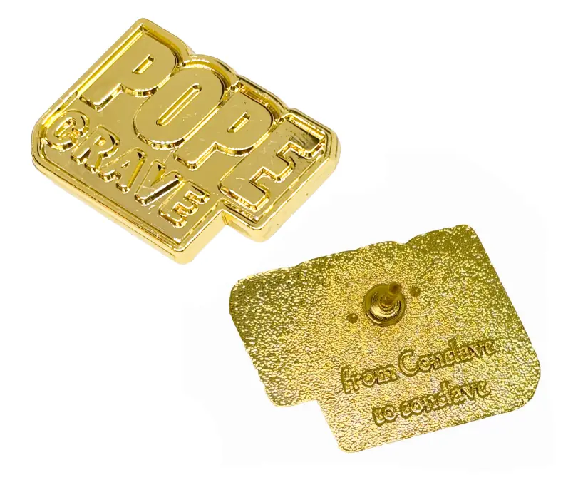Gold Conclave Pin. Front shows the Popecrave logo. Back text reads "from Conclave to conclave".
